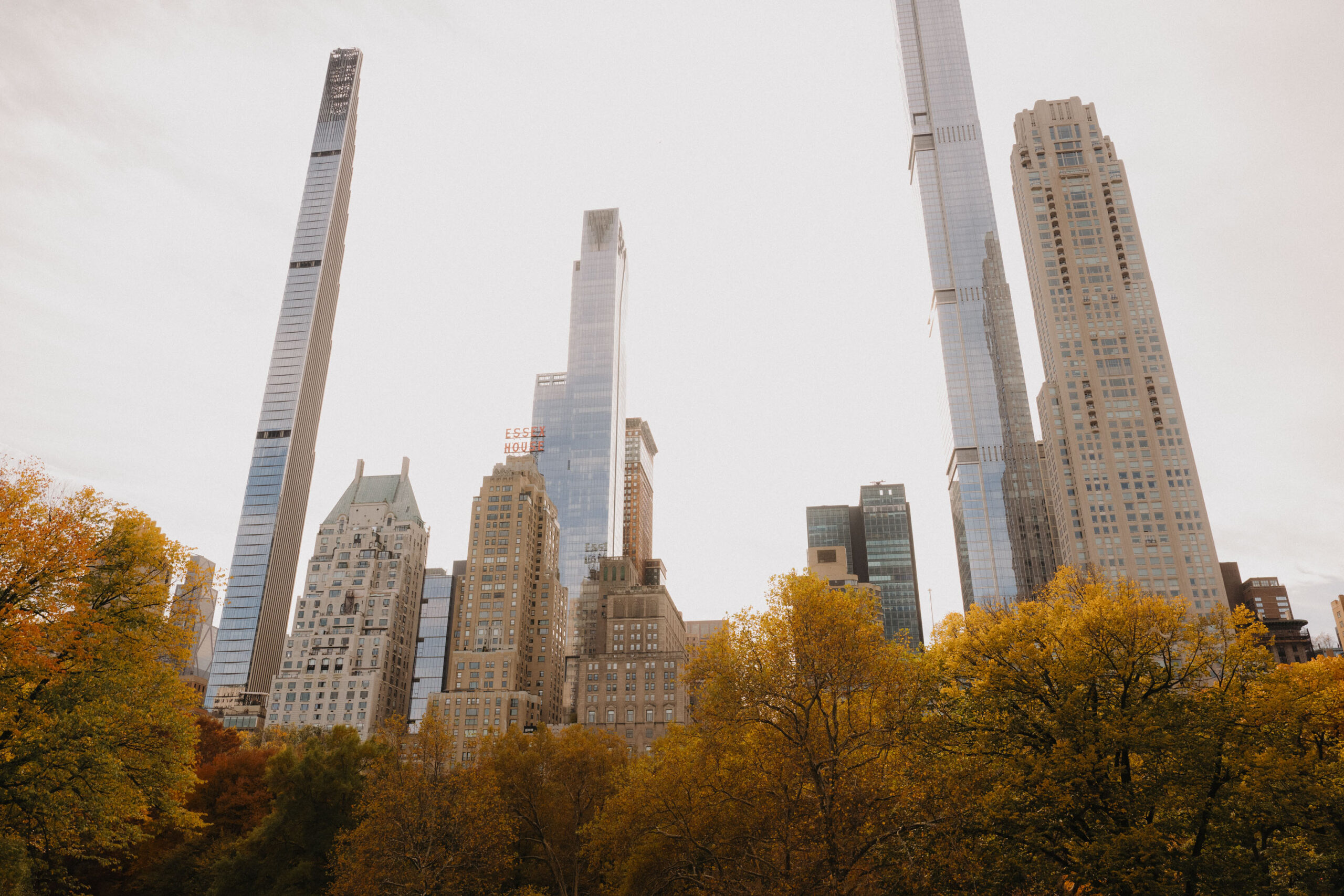 Manhattan skyline near City Hall with fall foliage, a classic backdrop for NYC courthouse wedding photos.